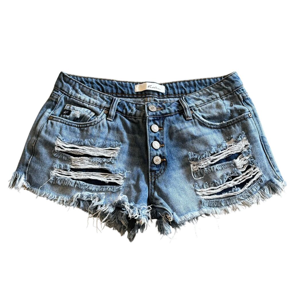 Kancan Distressed Exposed Button Fly Denim Shorts